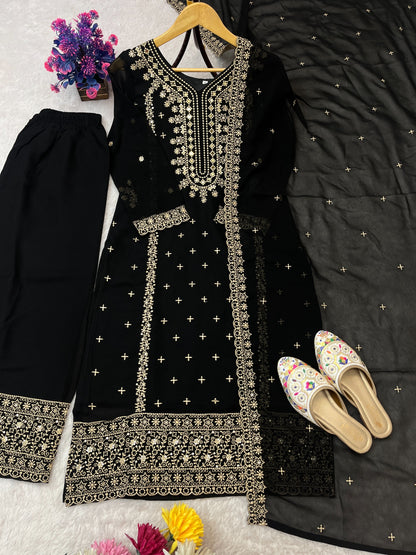 Designer Embroidery Sequence Work Black Top Pant With Dupatta Set