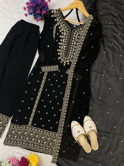 Designer Embroidery Sequence Work Black Top Pant With Dupatta Set