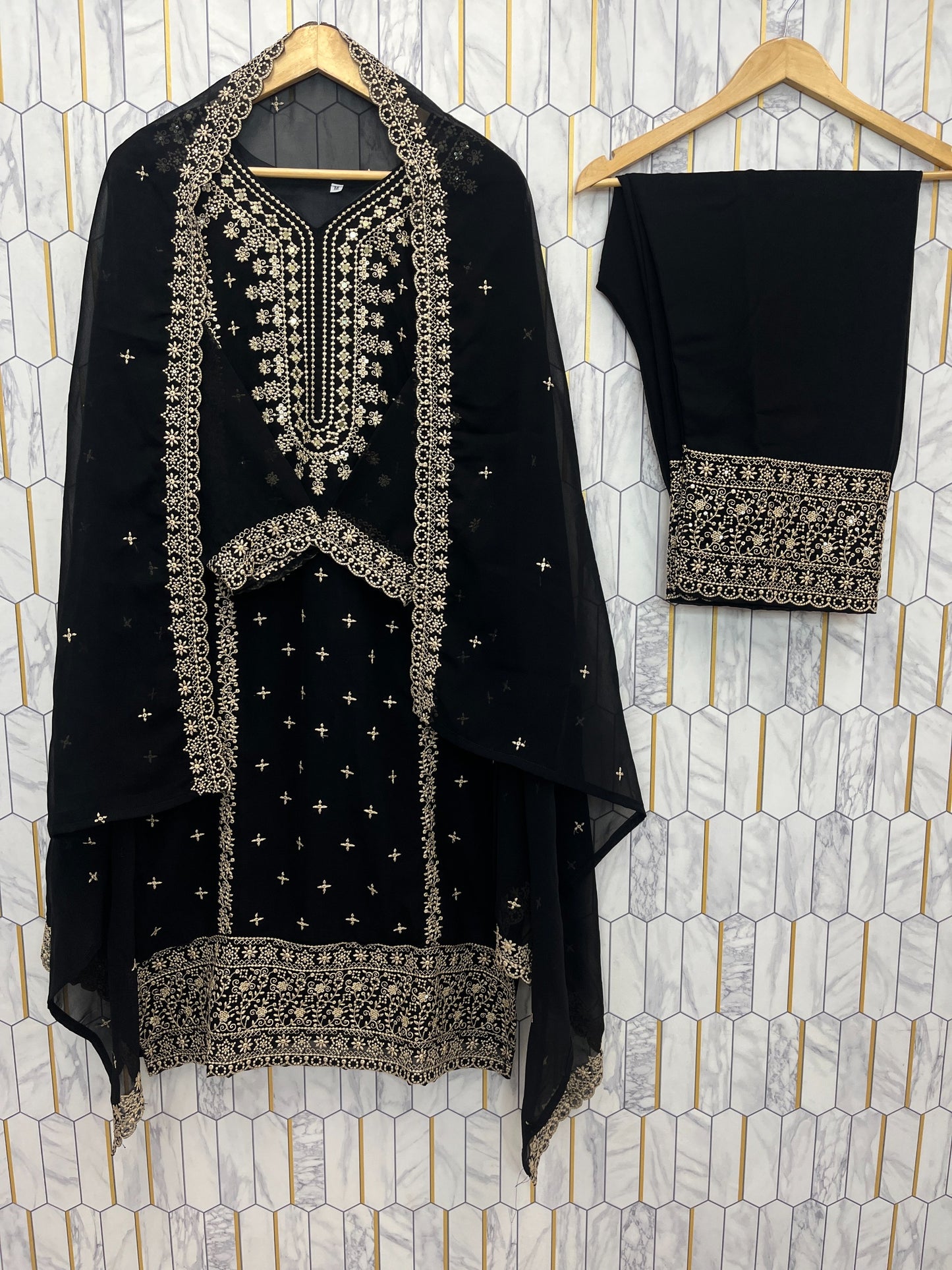 Designer Embroidery Sequence Work Black Top Pant With Dupatta Set