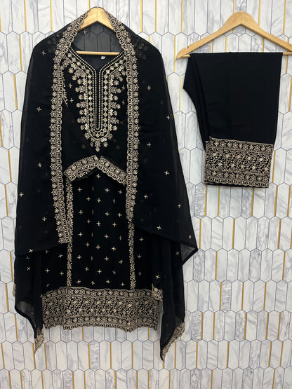 Designer Embroidery Sequence Work Black Top Pant With Dupatta Set
