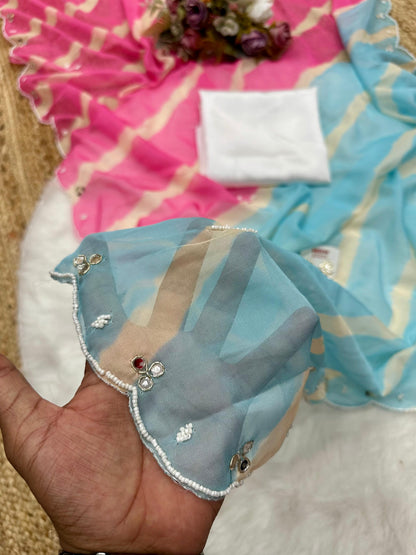 Beautiful Leheriya Tebby Silk Saree With Original Mirror Handwork