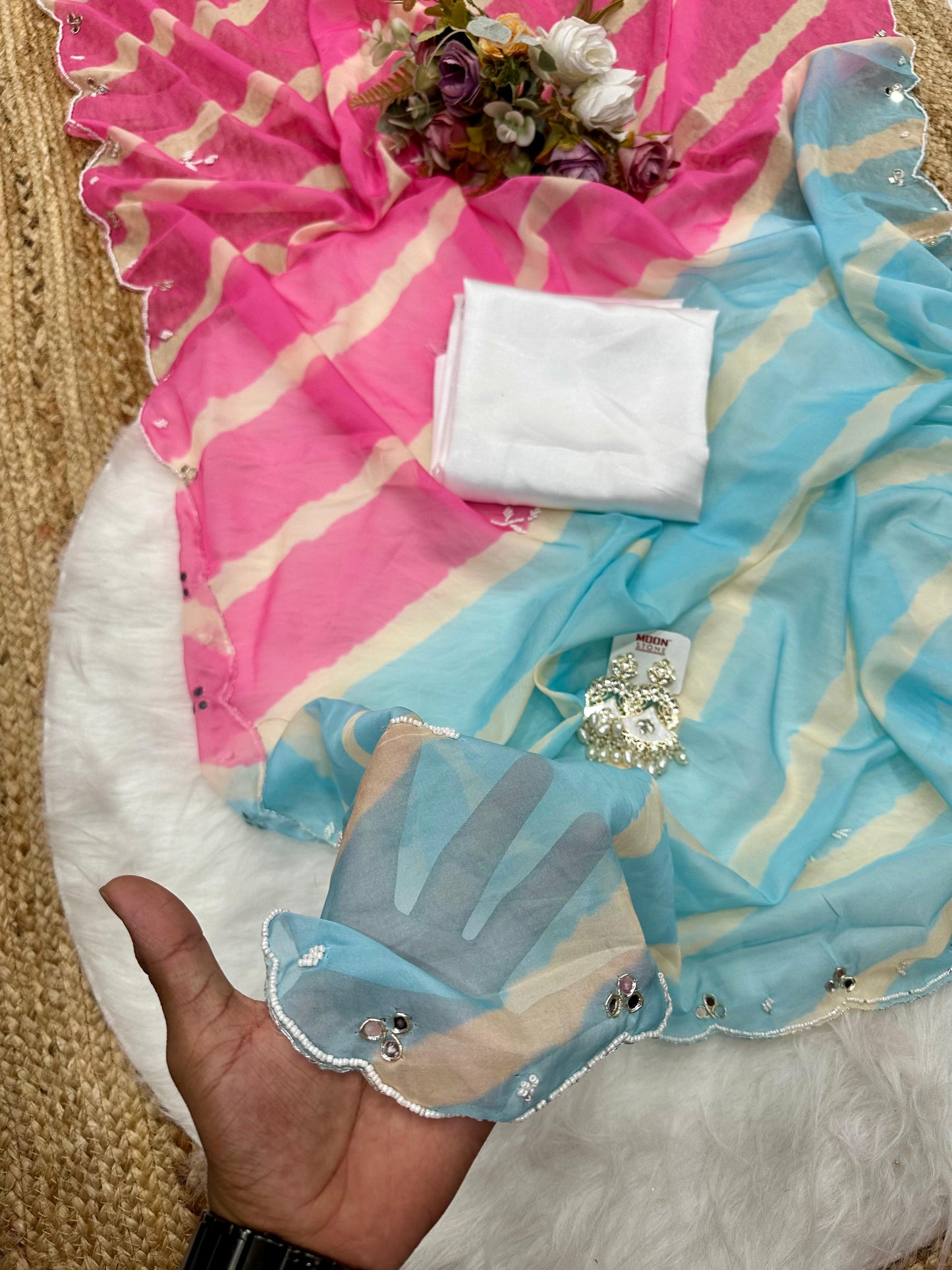 Beautiful Leheriya Tebby Silk Saree With Original Mirror Handwork