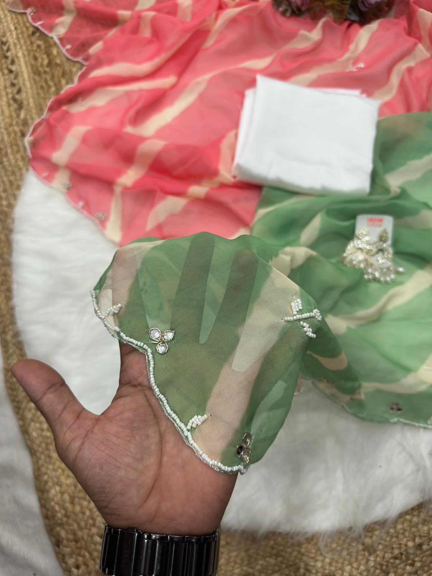 Elegent Soft Silk Lehriya Mirror Work Saree