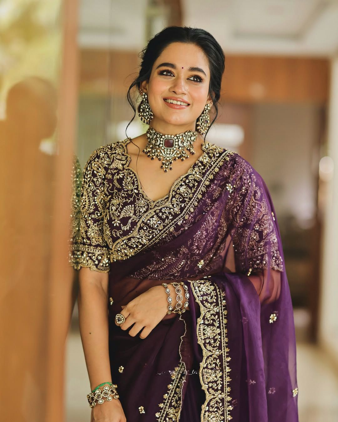 Elegant Exquisite Embroidered Work Purple Saree