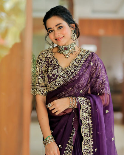 Elegant Exquisite Embroidered Work Purple Saree