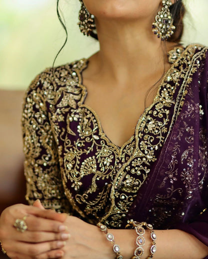 Elegant Exquisite Embroidered Work Purple Saree