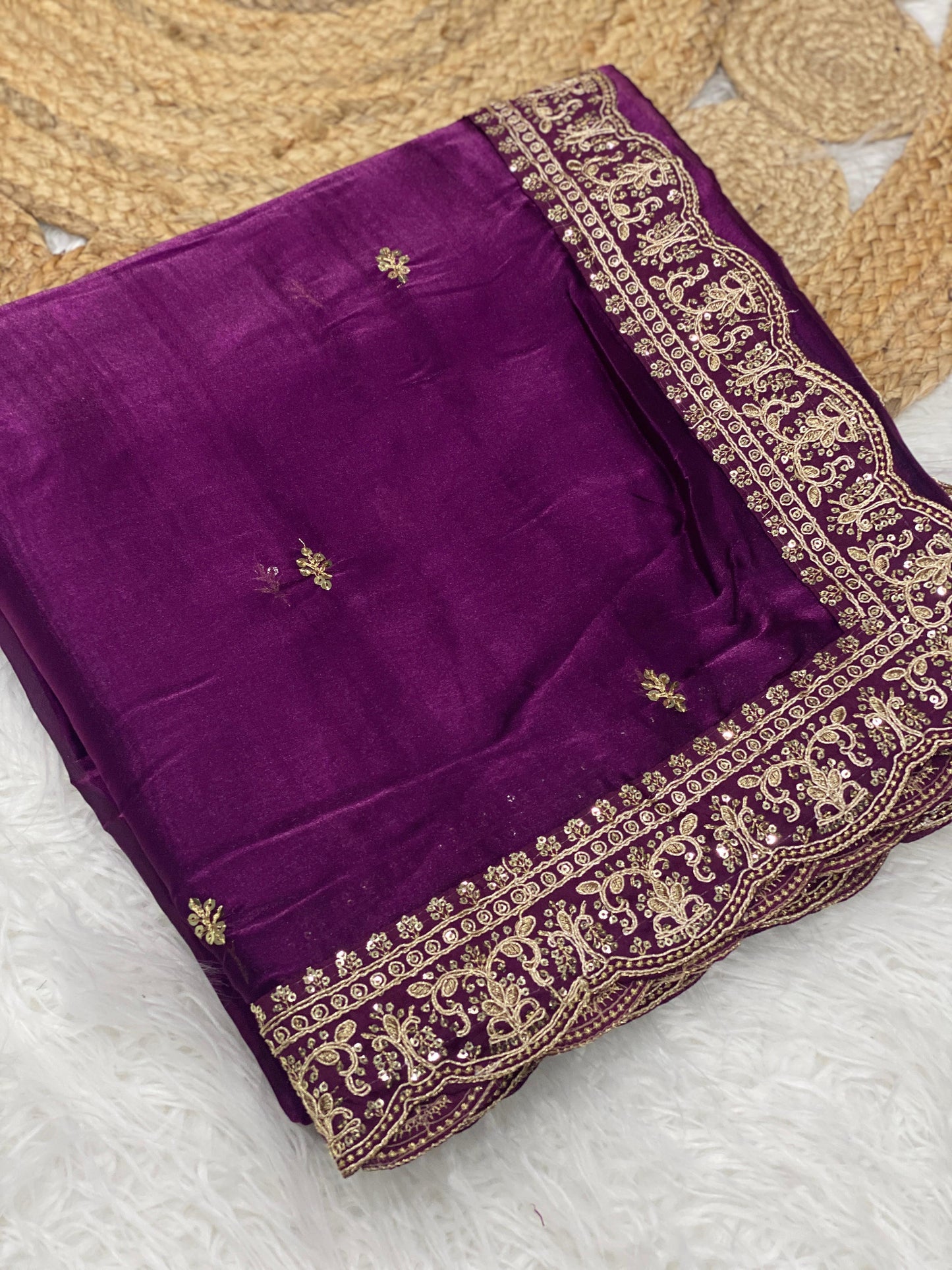 Elegant Exquisite Embroidered Work Purple Saree