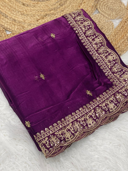 Elegant Exquisite Embroidered Work Purple Saree