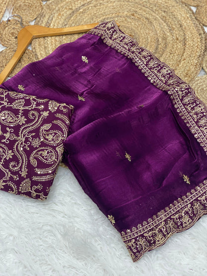 Elegant Exquisite Embroidered Work Purple Saree