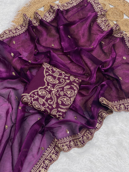 Elegant Exquisite Embroidered Work Purple Saree
