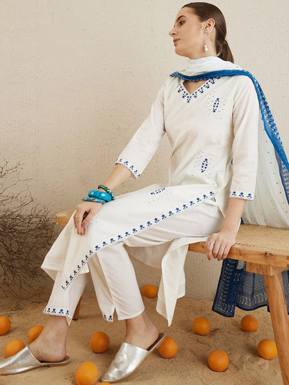 Embroidery Sequens Work White Kurti Pant & Dupattas Set