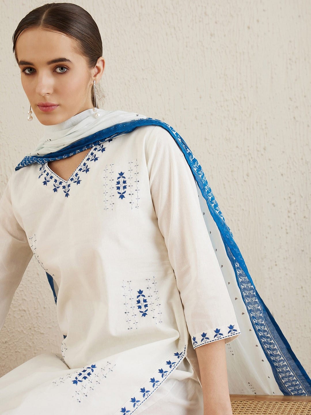 Embroidery Sequens Work White Kurti Pant & Dupattas Set