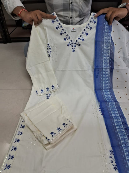 Embroidery Sequens Work White Kurti Pant & Dupattas Set