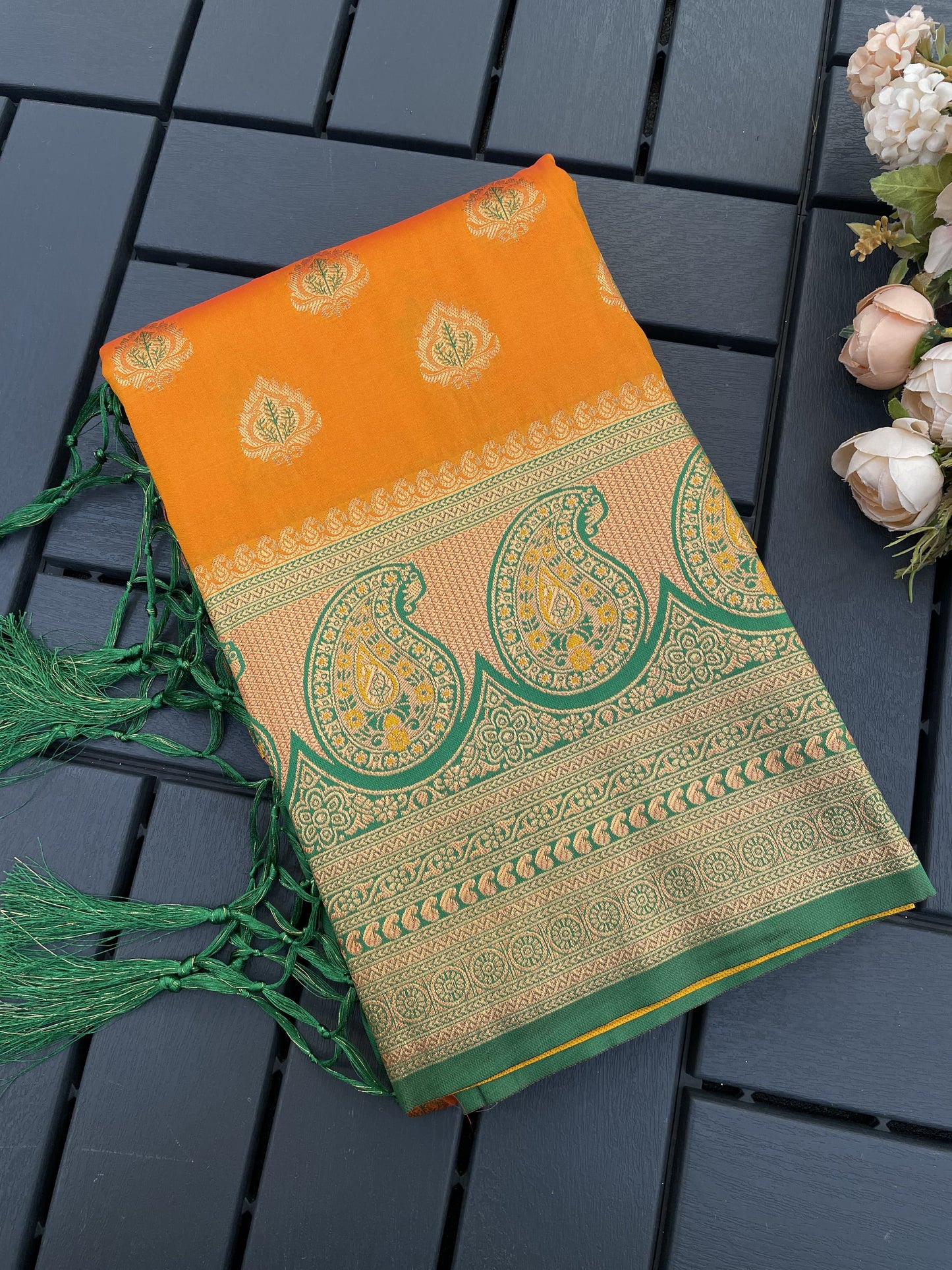 Meenakari Gold Zari Work Orange Silk Saree