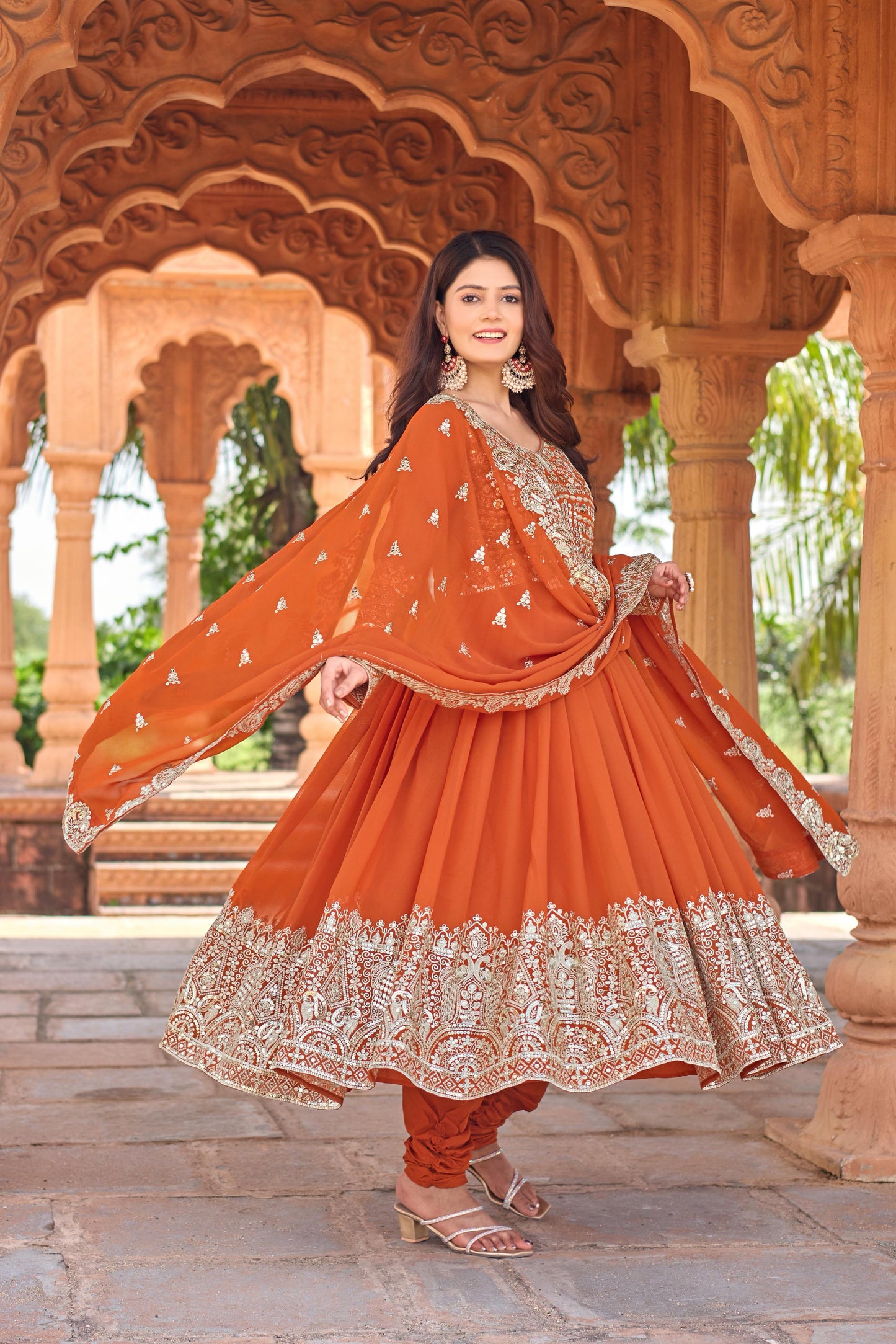 Party Wear Orange Georgette Anarkali Gown Suit Set