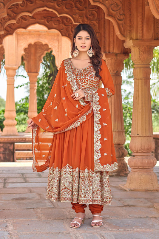 Party Wear Orange Georgette Anarkali Gown Suit Set