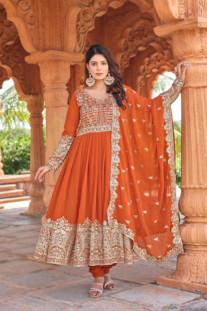 Party Wear Orange Georgette Anarkali Gown Suit Set