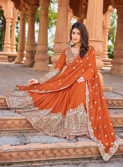 Party Wear Orange Georgette Anarkali Gown Suit Set