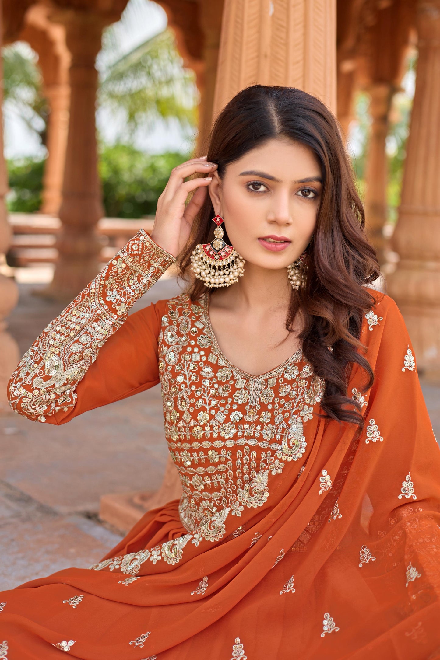 Party Wear Orange Georgette Anarkali Gown Suit Set
