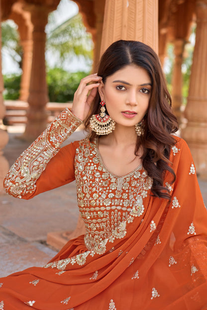 Party Wear Orange Georgette Anarkali Gown Suit Set