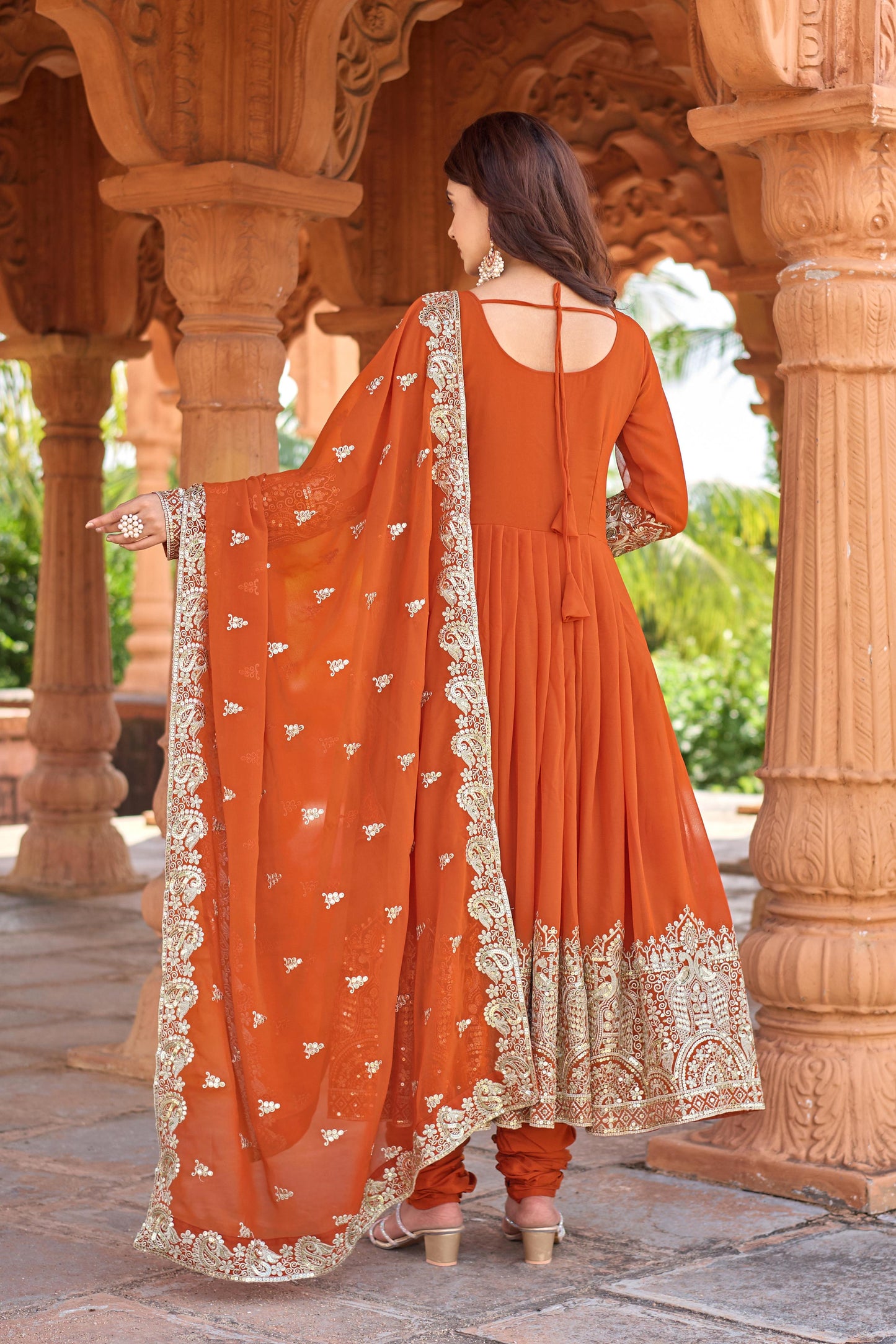 Party Wear Orange Georgette Anarkali Gown Suit Set