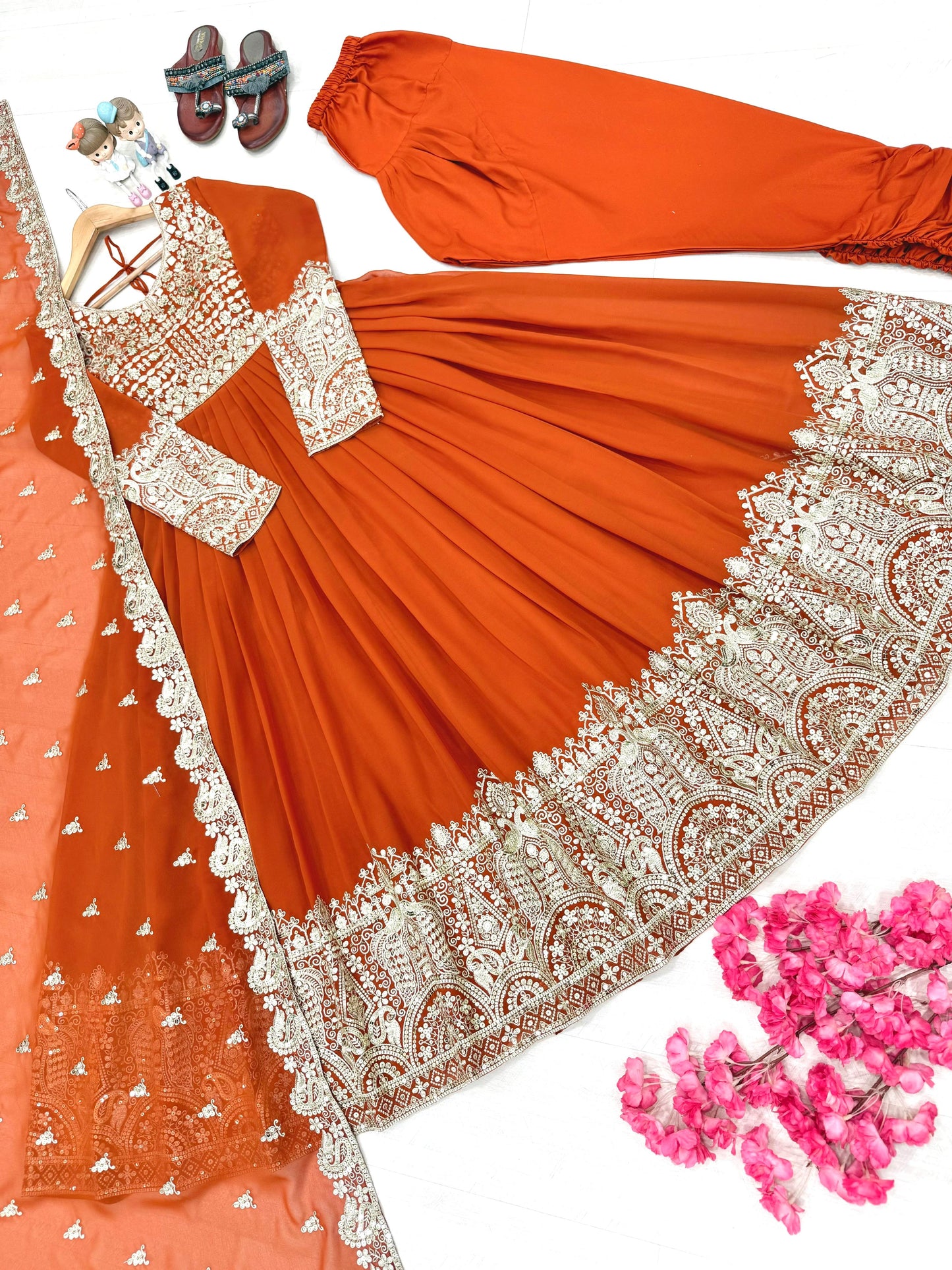 Party Wear Orange Georgette Anarkali Gown Suit Set