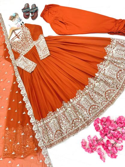 Party Wear Orange Georgette Anarkali Gown Suit Set