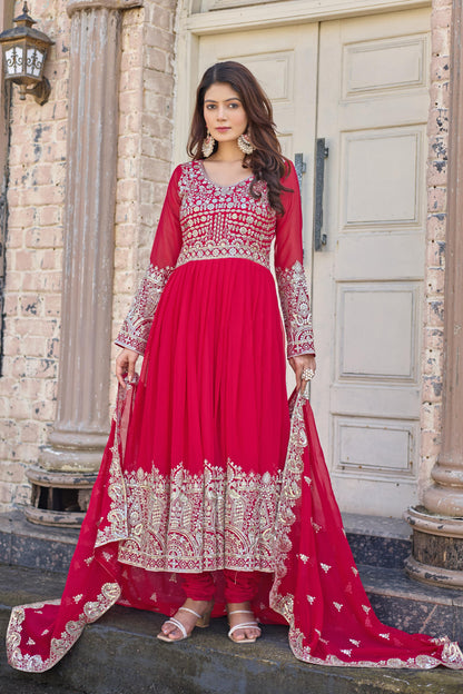 Faux Georgette Pink Embroidered Gown Set