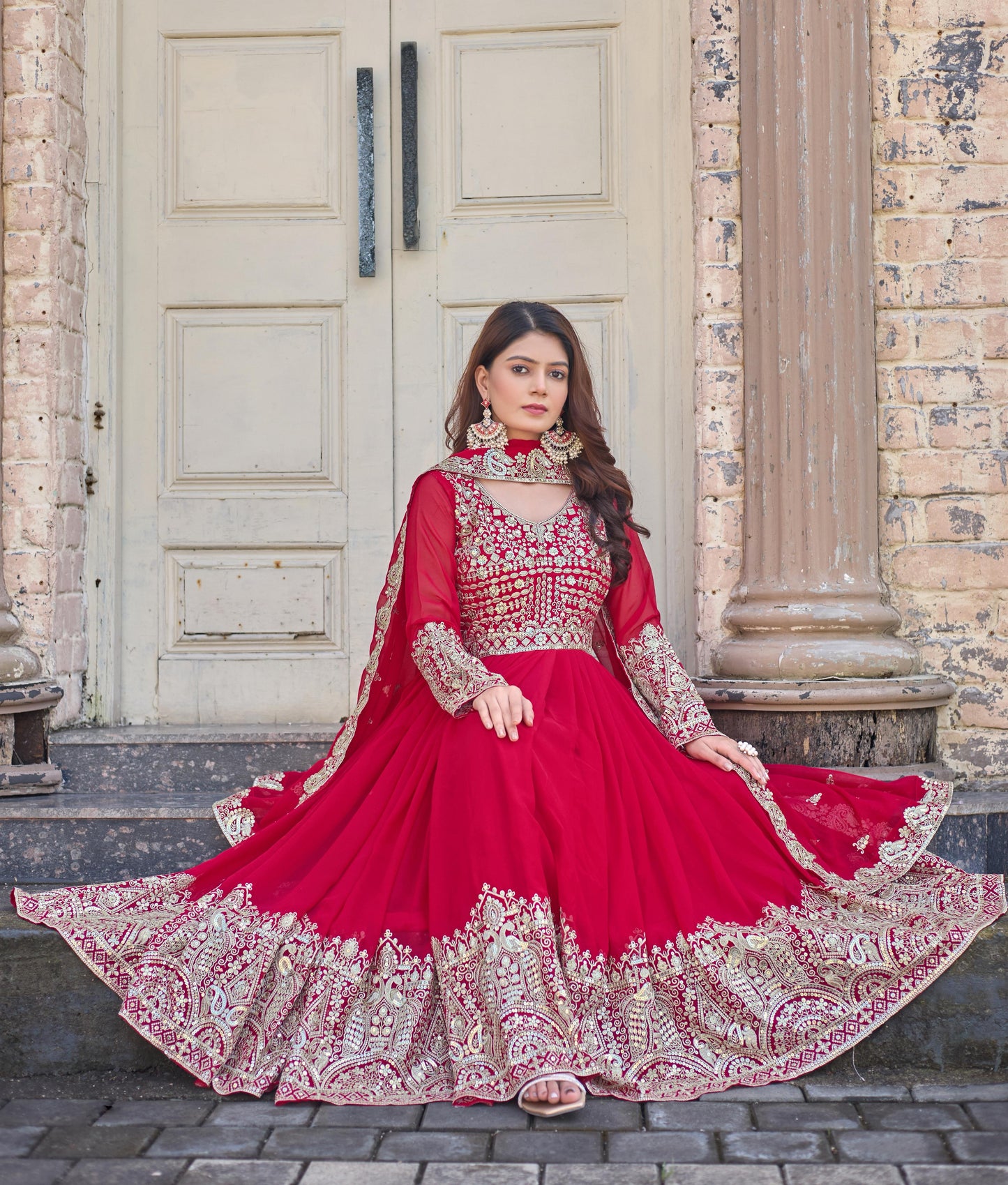 Faux Georgette Pink Embroidered Gown Set