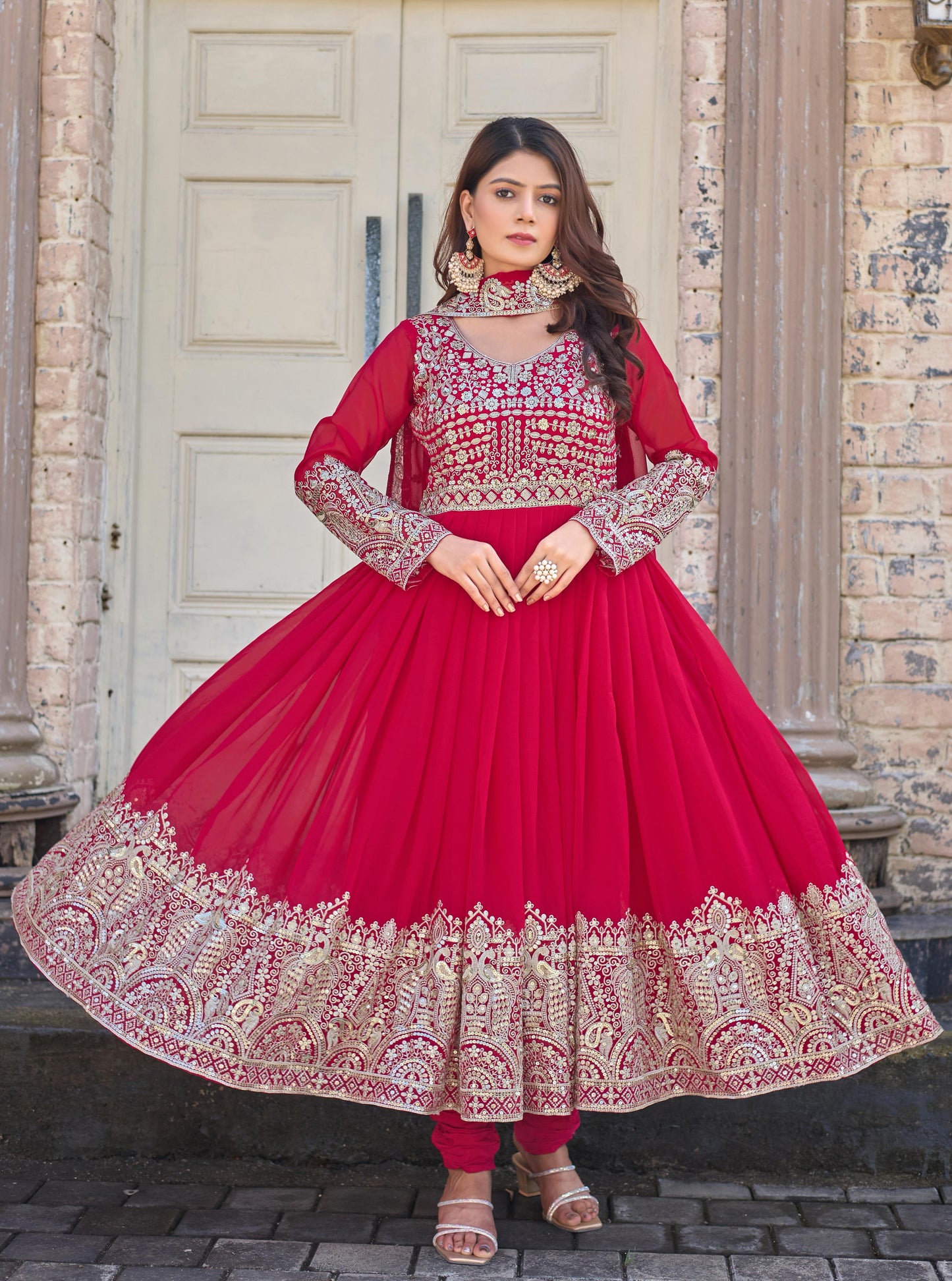 Faux Georgette Pink Embroidered Gown Set