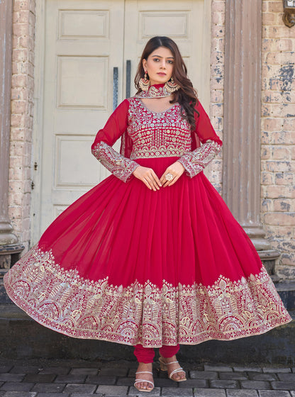 Faux Georgette Pink Embroidered Gown Set