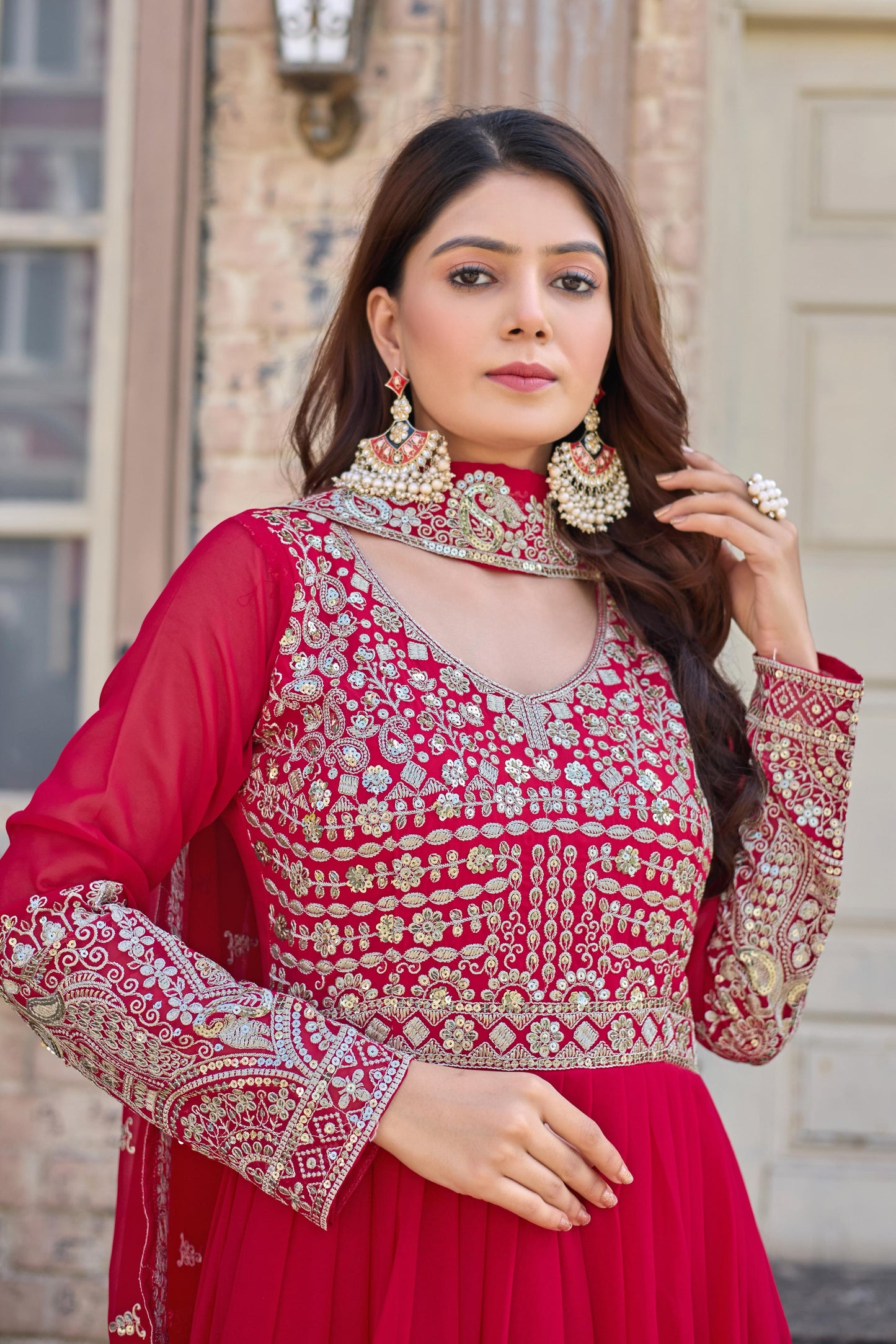 Faux Georgette Pink Embroidered Gown Set