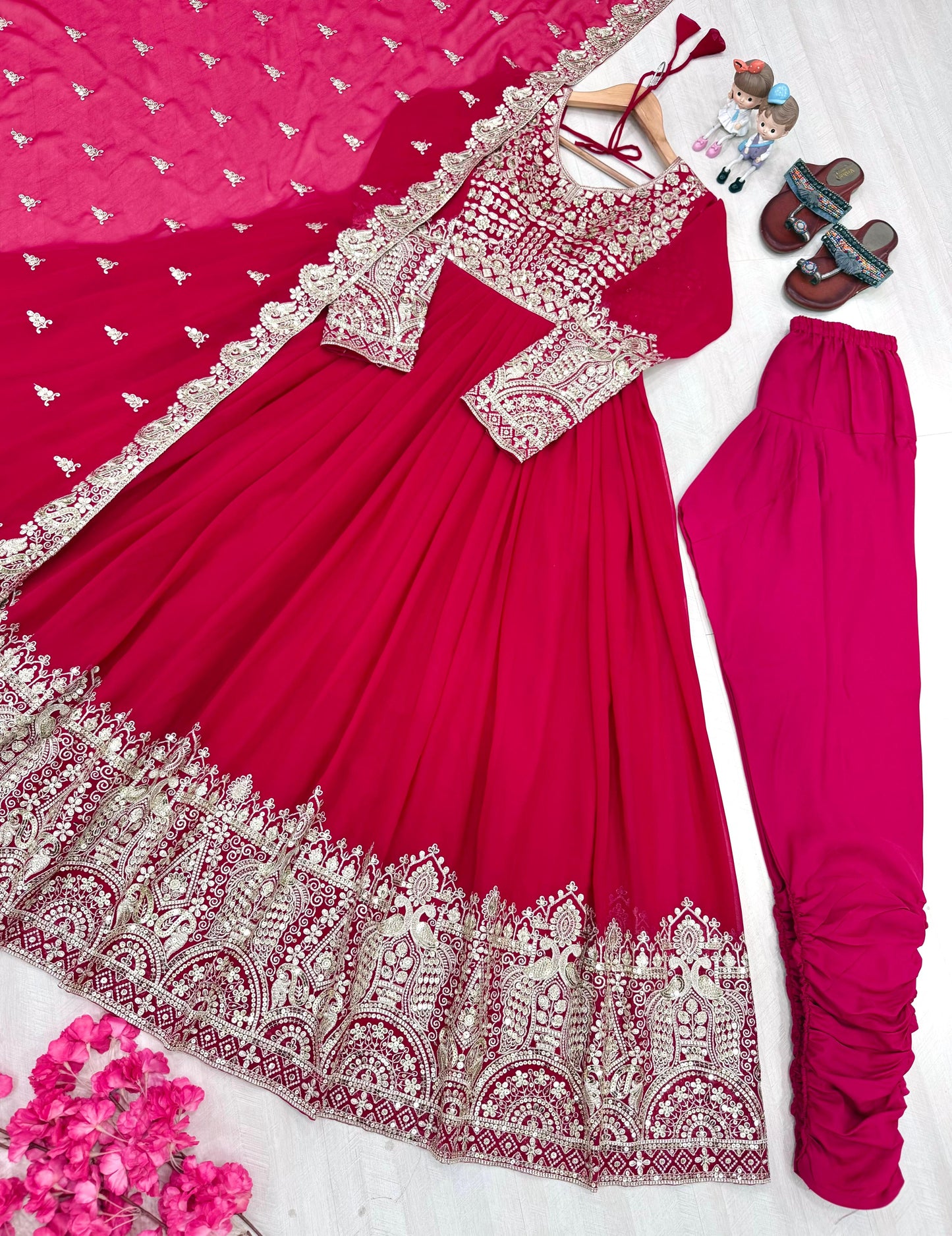 Faux Georgette Pink Embroidered Gown Set