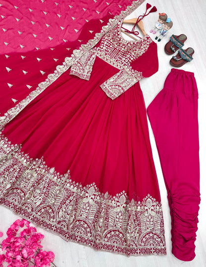 Faux Georgette Pink Embroidered Gown Set