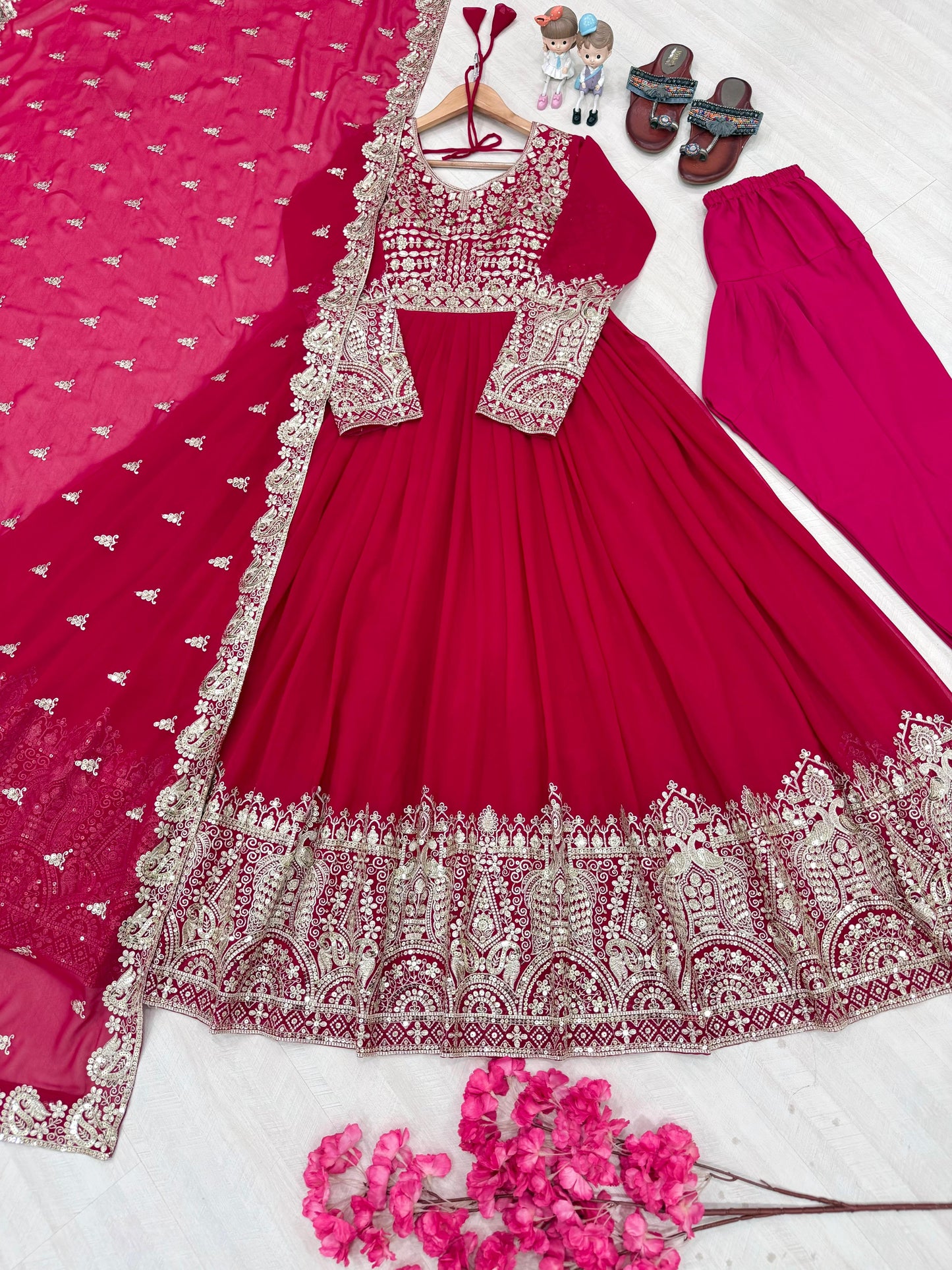 Faux Georgette Pink Embroidered Gown Set