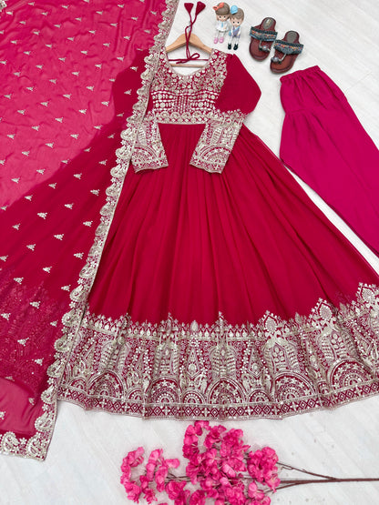 Faux Georgette Pink Embroidered Gown Set