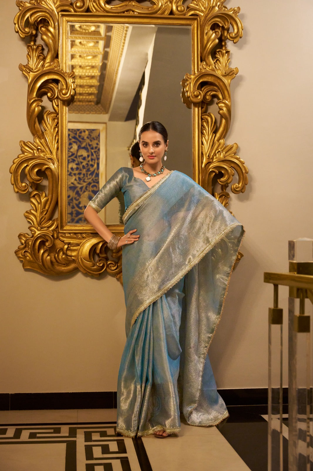 Trendy Sky Blue Tissue Shimmer Zari Weaving Sarees