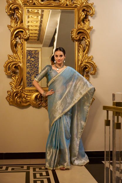 Trendy Sky Blue Tissue Shimmer Zari Weaving Sarees