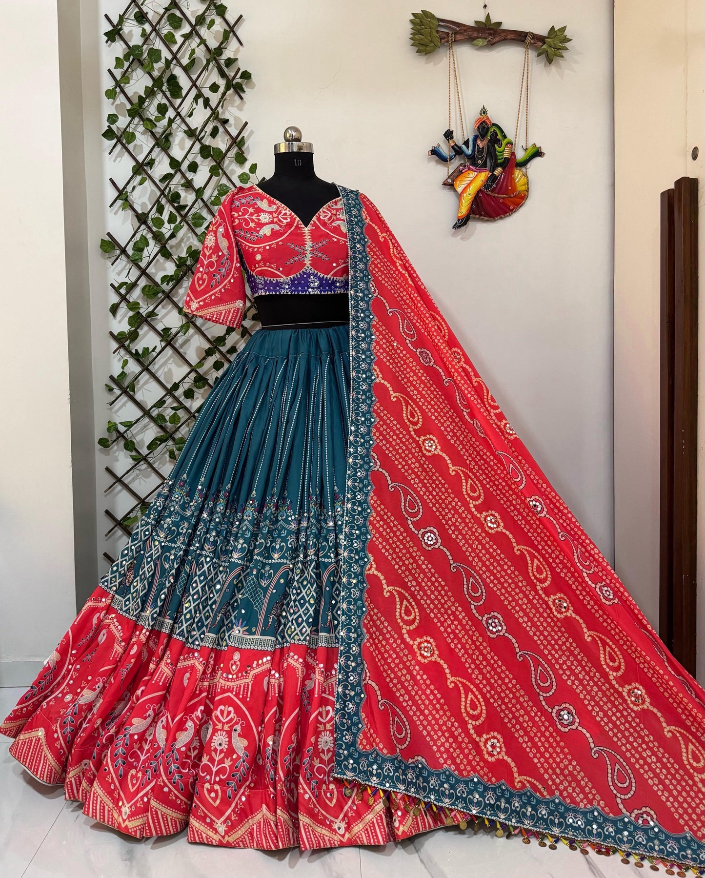 Designer Muslin Cotton Mirror Work Navratri Lehenga
