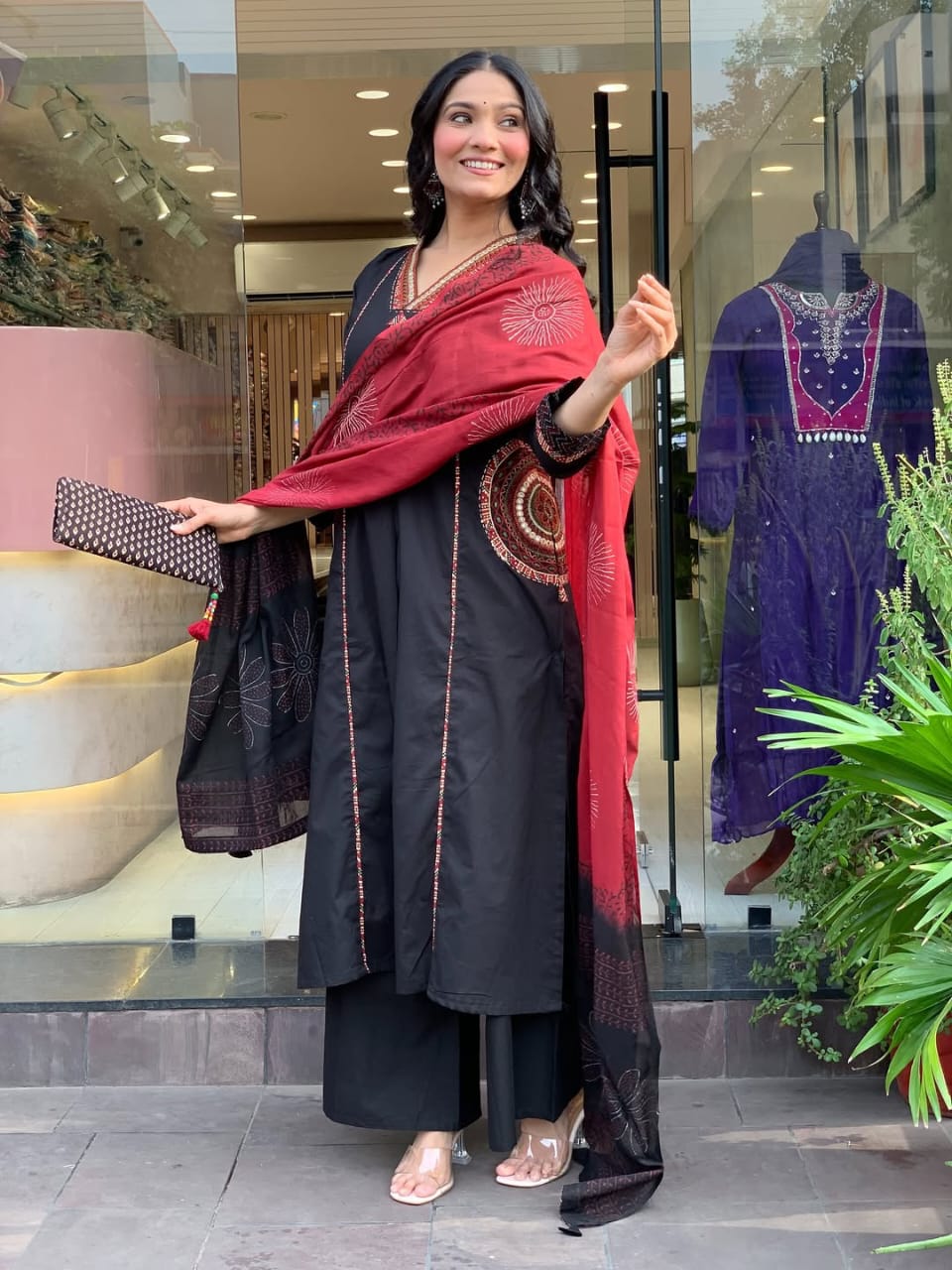 Bold Black Pure Banana Silk Kurti Pair With Pocket