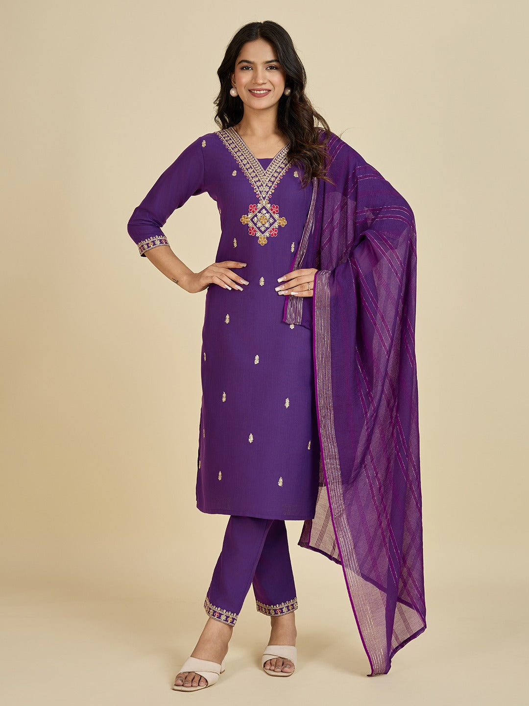 Regular Wear Wine Cottton Embroidered Kurti Set