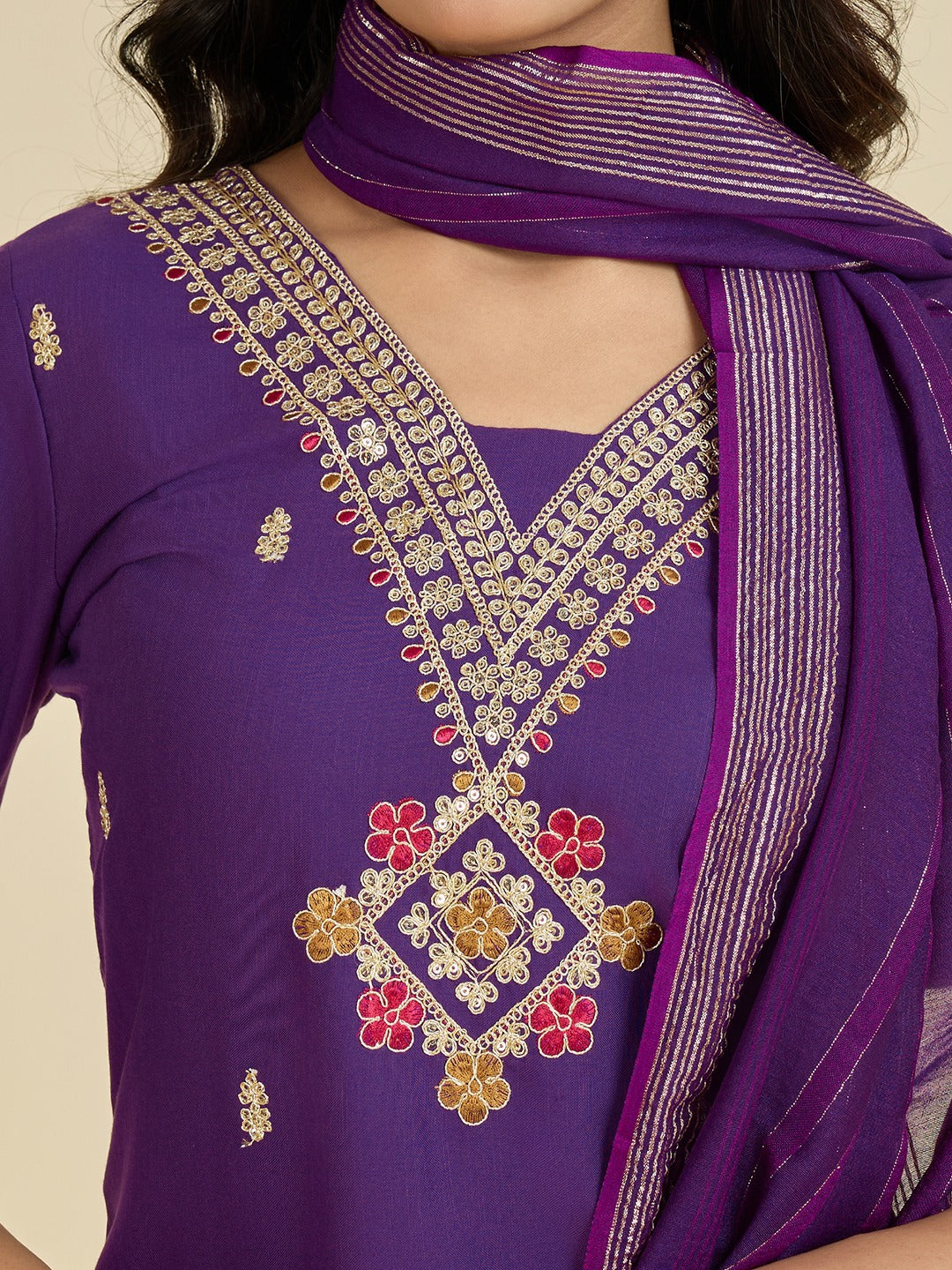 Regular Wear Wine Cottton Embroidered Kurti Set