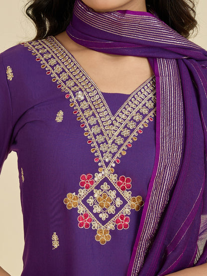 Regular Wear Wine Cottton Embroidered Kurti Set