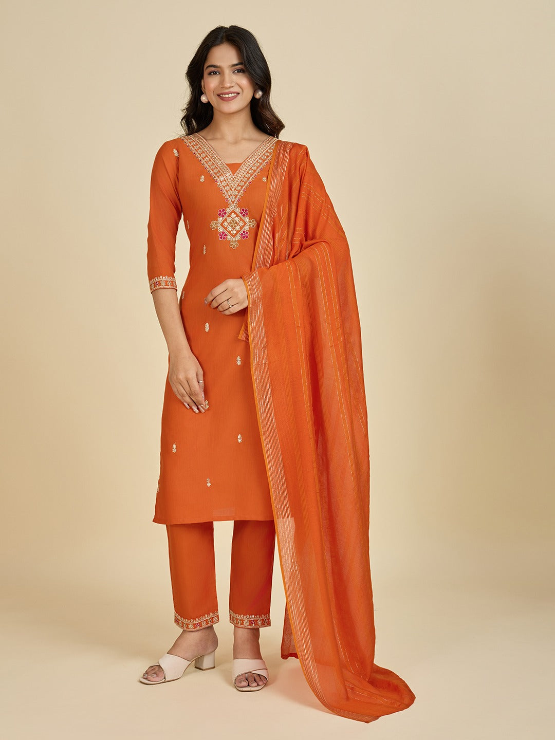 V Neck Orange Embroidered Kurti Pant Set with Dupatta