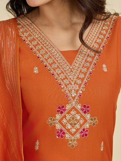 V Neck Orange Embroidered Kurti Pant Set with Dupatta