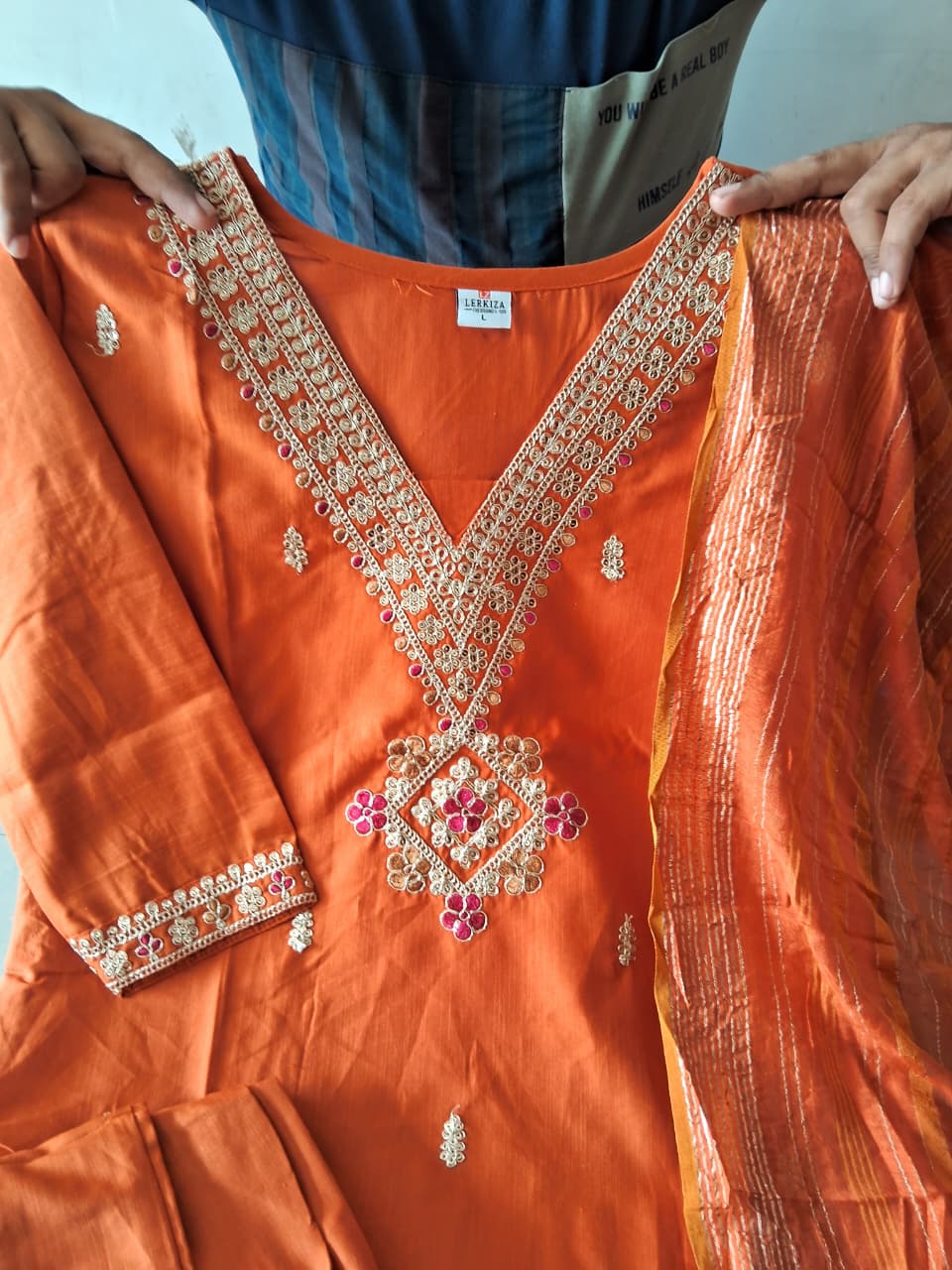 V Neck Orange Embroidered Kurti Pant Set with Dupatta