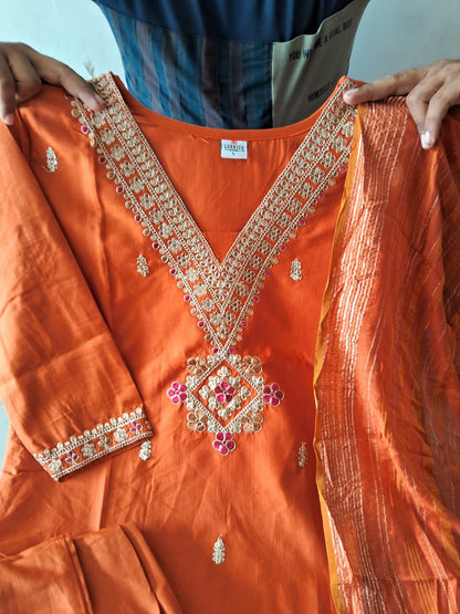 V Neck Orange Embroidered Kurti Pant Set with Dupatta