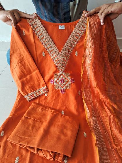 V Neck Orange Embroidered Kurti Pant Set with Dupatta