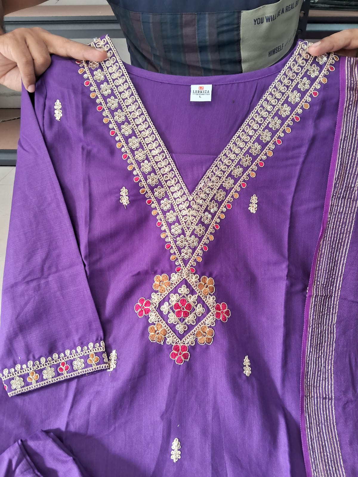 Regular Wear Wine Cottton Embroidered Kurti Set