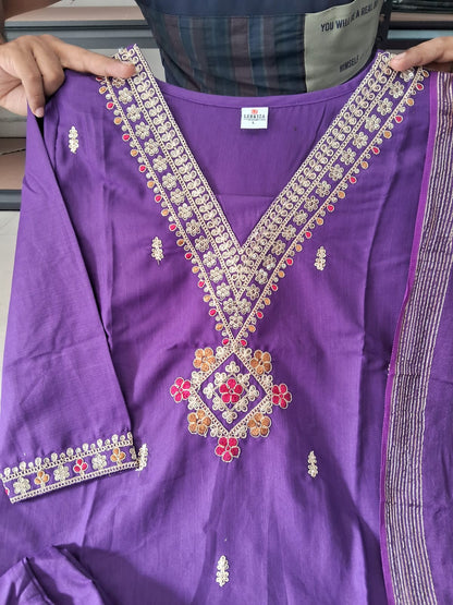 Regular Wear Wine Cottton Embroidered Kurti Set